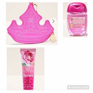 Bath And Body Works Disney Princess Aurora Coin Purse, Sanitizer, Lip Gloss Set